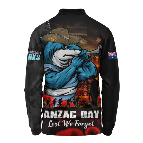 Cronulla-Sutherland Sharks Long Sleeve Polo Shirt Anzac Day Rising Dawn Ceremony Lest We Forget Courage