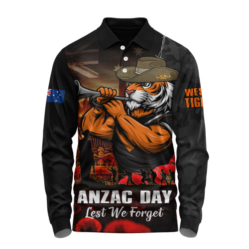 Wests Tigers Long Sleeve Polo Shirt Anzac Day Rising Dawn Ceremony Lest We Forget Courage