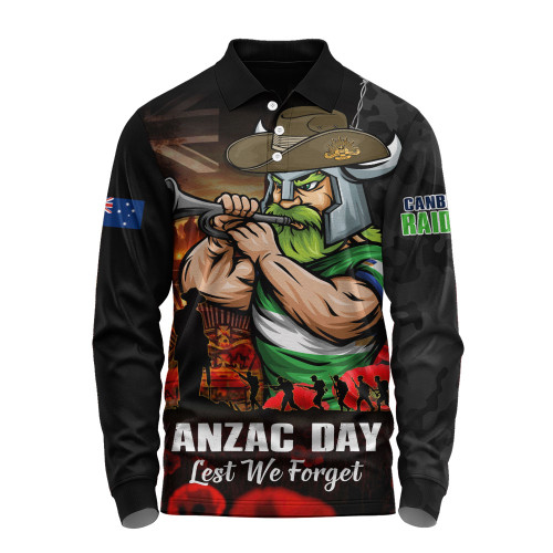 Canberra Raiders Long Sleeve Polo Shirt Anzac Day Rising Dawn Ceremony Lest We Forget Courage