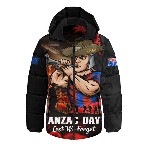 Newcastle Knights Hooded Padded Jacket Anzac Day Rising Dawn Ceremony Lest We Forget Courage