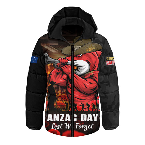 Redcliffe Dolphins Hooded Padded Jacket Anzac Day Rising Dawn Ceremony Lest We Forget Courage