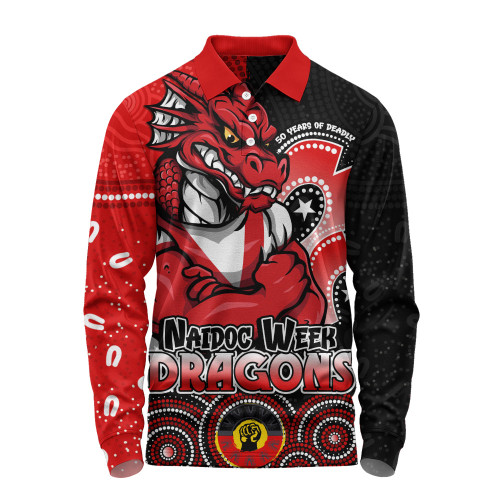 St. George Illawarra Dragons Long Sleeve Polo Shirt NAIDOC Week 50 Years Of Deadly Indigenous Pattern