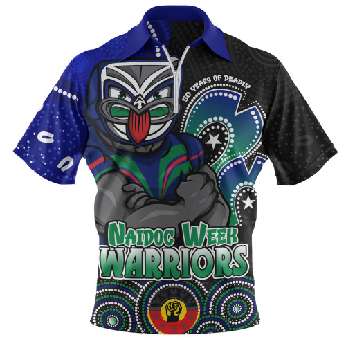 New Zealand Warriors Zip Polo Shirt NAIDOC Week 50 Years Of Deadly Indigenous Pattern