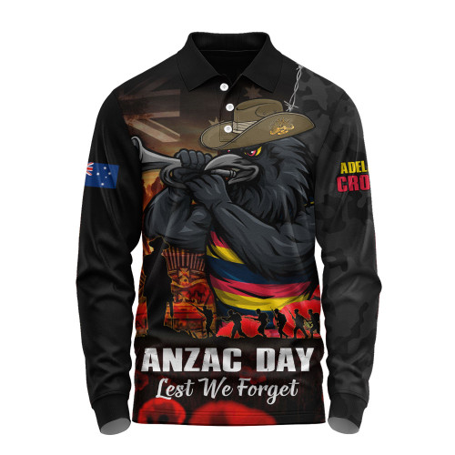 Adelaide Crows Long Sleeve Polo Shirt ANZAC Day Lest We Forget Red Poppy And Honor The Brave Tribute