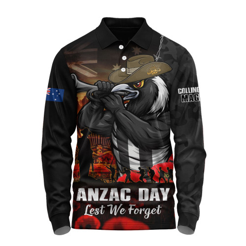 Collingwood Long Sleeve Polo Shirt ANZAC Day Lest We Forget Red Poppy And Honor The Brave Tribute
