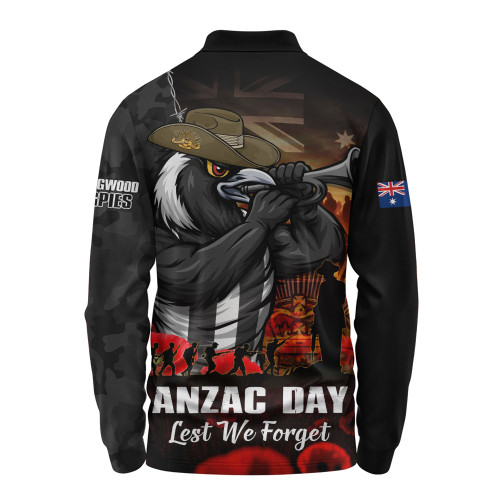 Collingwood Long Sleeve Polo Shirt ANZAC Day Lest We Forget Red Poppy And Honor The Brave Tribute