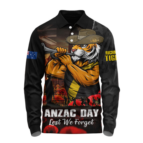 Richmond Long Sleeve Polo Shirt ANZAC Day Lest We Forget Red Poppy And Honor The Brave Tribute