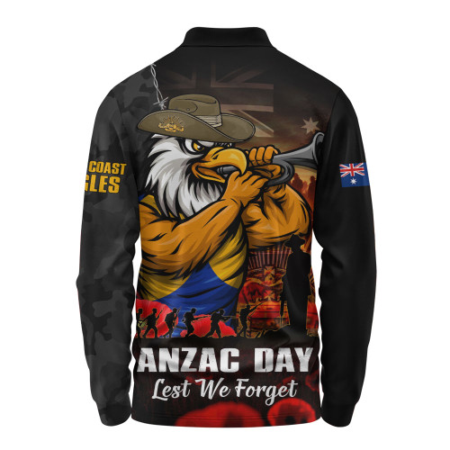 West Coast Eagles Long Sleeve Polo Shirt ANZAC Day Lest We Forget Red Poppy And Honor The Brave Tribute
