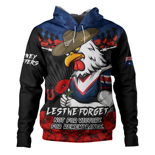 Sydney Roosters Hoodie ANZAC Day Red Poppy And Brave Hearts Remembrance