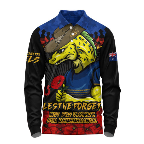 Parramatta Eels Long Sleeve Polo Shirt ANZAC Day Red Poppy And Brave Hearts Remembrance