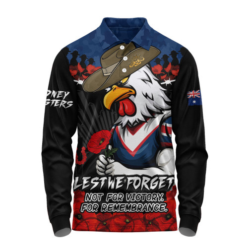 Sydney Roosters Long Sleeve Polo Shirt ANZAC Day Red Poppy And Brave Hearts Remembrance