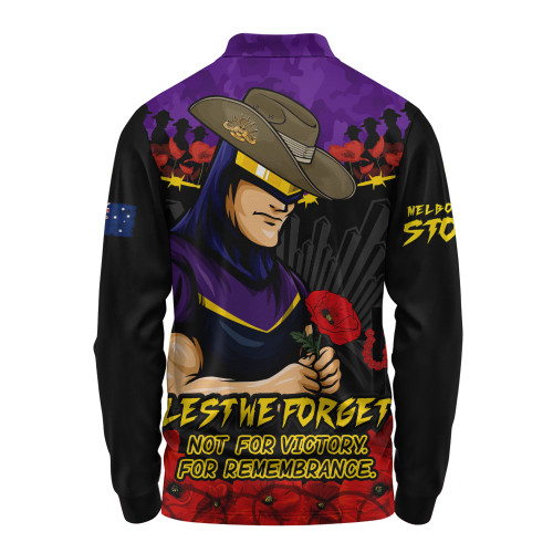 Melbourne Storm Long Sleeve Polo Shirt ANZAC Day Red Poppy And Brave Hearts Remembrance