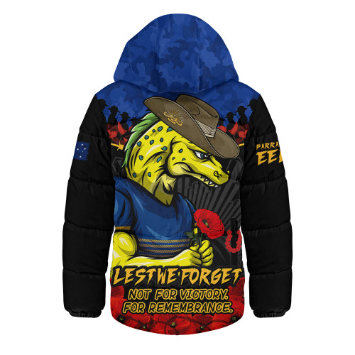 Parramatta Eels Hooded Padded Jacket ANZAC Day Red Poppy And Brave Hearts Remembrance