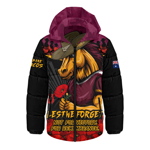Brisbane Broncos Hooded Padded Jacket ANZAC Day Red Poppy And Brave Hearts Remembrance