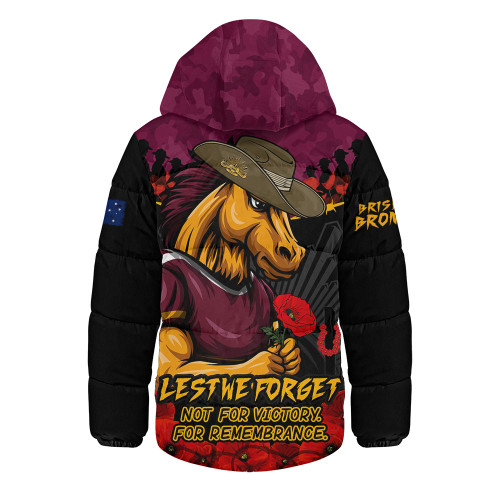 Brisbane Broncos Hooded Padded Jacket ANZAC Day Red Poppy And Brave Hearts Remembrance