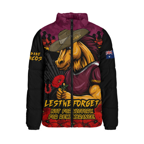 Brisbane Broncos Padded Jacket ANZAC Day Red Poppy And Brave Hearts Remembrance