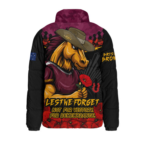 Brisbane Broncos Padded Jacket ANZAC Day Red Poppy And Brave Hearts Remembrance