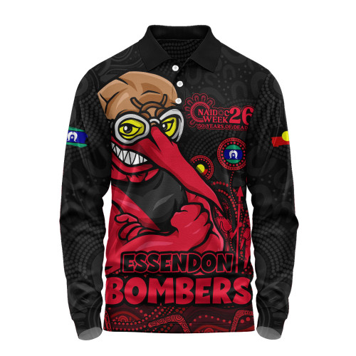Essendon Long Sleeve Polo Shirt Naidoc Week Aboriginal Spirit Power Through Generations