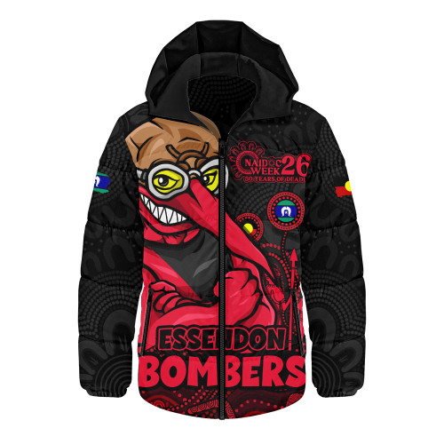 Essendon Hooded Padded Jacket Naidoc Week Aboriginal Spirit Power Through Generations