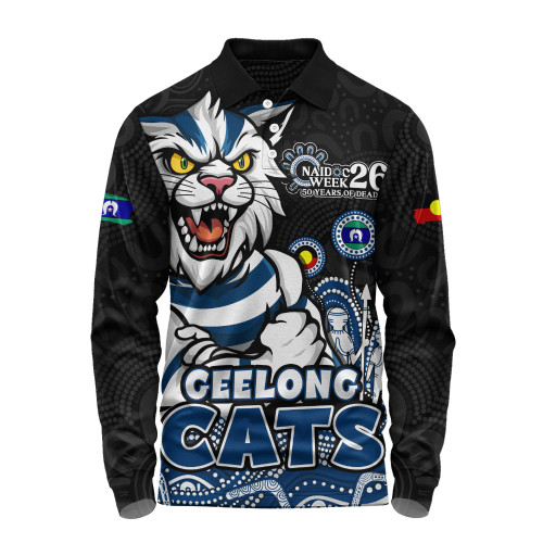 Geelong Cats Long Sleeve Polo Shirt Naidoc Week Aboriginal Spirit Power Through Generations