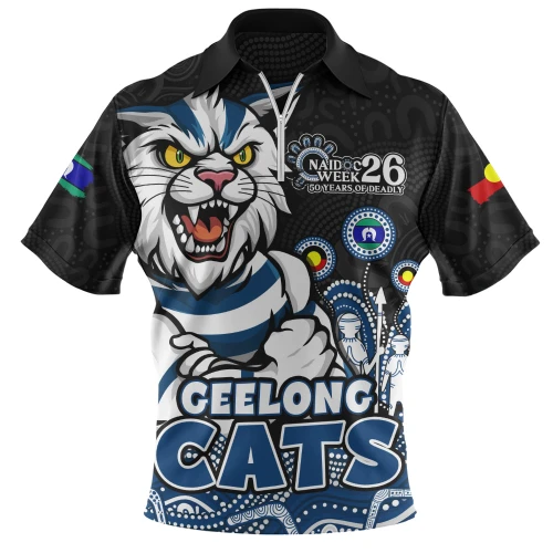 Geelong Cats Zip Polo Shirt Naidoc Week Aboriginal Spirit Power Through Generations