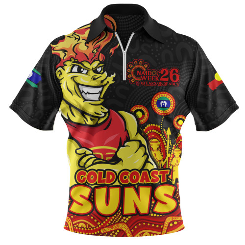 Gold Coast SUNS Zip Polo Shirt Naidoc Week Aboriginal Spirit Power Through Generations