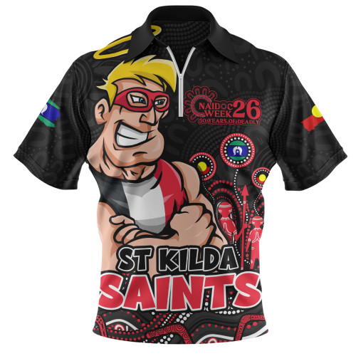 St Kilda Zip Polo Shirt Naidoc Week Aboriginal Spirit Power Through Generations