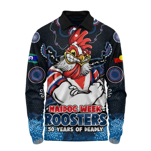 Sydney Roosters Long Sleeve Polo Shirt NAIDOC Week Aboriginal Power Journey Of Spirit Paths