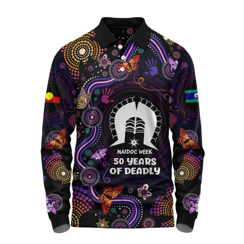Indigenous Australian Aboriginal Long Sleeve Polo Shirt Butterfly Dreaming NAIDOC Country Connection