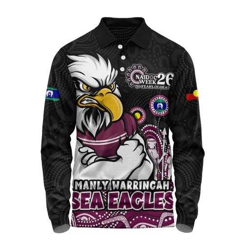Manly Warringah Sea Eagles Long Sleeve Polo Shirt NAIDOC Week Strength Of Sacred Spirit