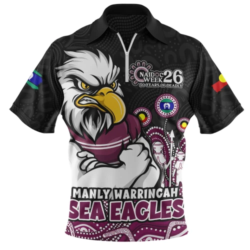 Manly Warringah Sea Eagles Zip Polo Shirt NAIDOC Week Strength Of Sacred Spirit