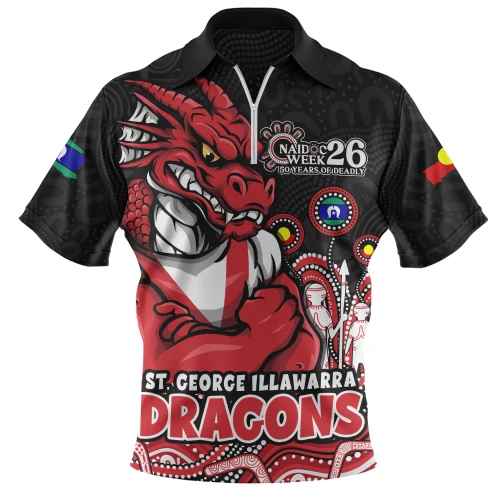 St. George Illawarra Dragons Zip Polo Shirt NAIDOC Week Strength Of Sacred Spirit