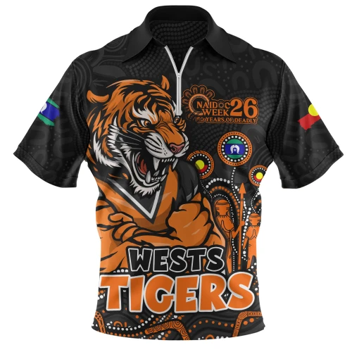 Wests Tigers Zip Polo Shirt NAIDOC Week Strength Of Sacred Spirit