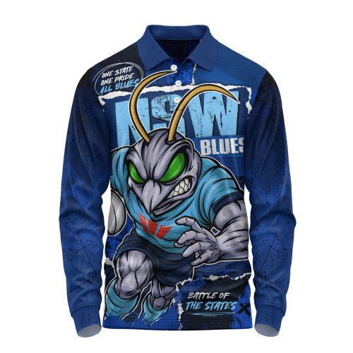 New South Wales Blues Long Sleeve Polo Shirt Ripped Origin Power Unleashed