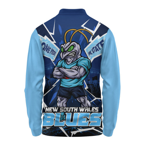 New South Wales Blues Long Sleeve Polo Shirt Cracked Origin Fury Rise