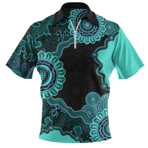 Indigenous Australian Aboriginal Zip Polo Shirt Connected By Flow And Spirit