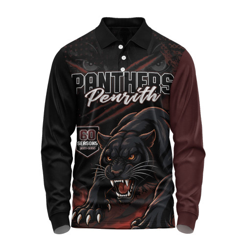 Penrith Panthers Long Sleeve Polo Shirt Honouring 60 Seasons Of Fierce Legacy