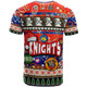 Newcastle Knights Christmas T-Shirt - Custom Xmas Newcastle Knights Christmas Balls, Snowflake With Aboriginal Inspired Patterns T-Shirt