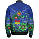 Australia Bomber Jacket Naidoc Week Torres Strait Symbol With Aboriginal Pattern Inspired Blue