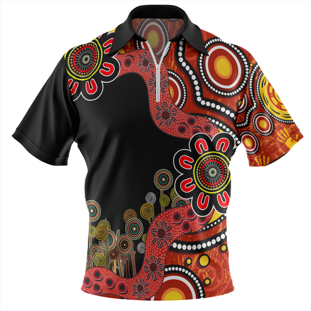 Indigenous Color:red Australia Zip Polo Shirt Aboriginal Indigenous Dot Painting Red And Black