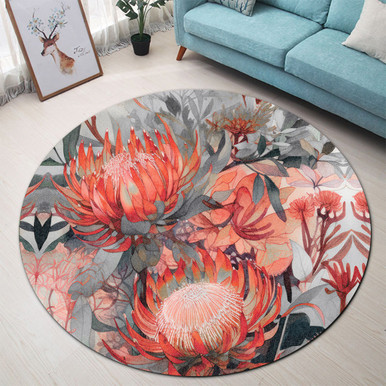 Australia Waratah Round Rug - Red Orange Waratah Flowers Art Round Rug