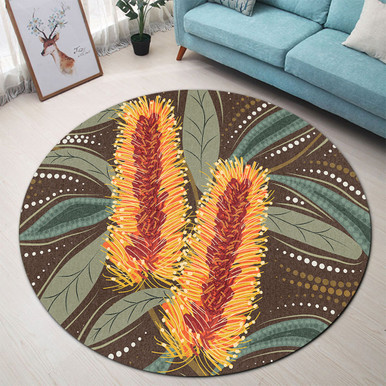 Australia Flowers Aboriginal Round Rug - Aboriginal Dot Art With Yellow ...