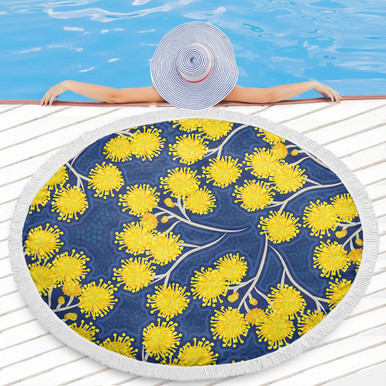 Australia Flowers Aboriginal Beach Blanket - Yellow Wattle Flowers With ...