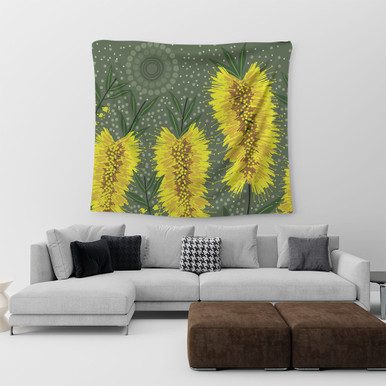 Australia Aboriginal Tapestry - Yellow Bottle Brush Flora In Aboriginal ...
