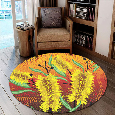 Australia Aboriginal Round Rug - Aboriginal Art Of Yellow Bottle Brush ...