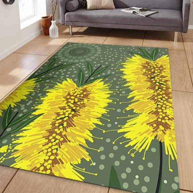 Australia Aboriginal Area Rug - Yellow Bottle Brush Flora In Aboriginal ...