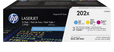 HP 202X 3-Pack | CF501X, CF502X, CF503X | Original HP High-Yield Toner Cartridge - Cyan, Yellow, Magenta (CF500XM)