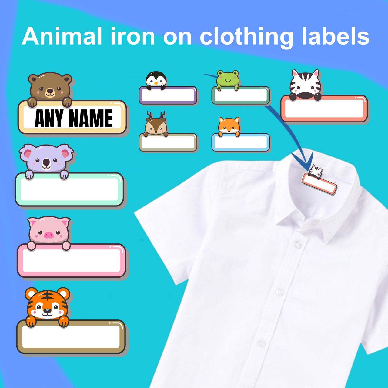 Kids animal Clothing Labels, Iron on Name Tags, x42