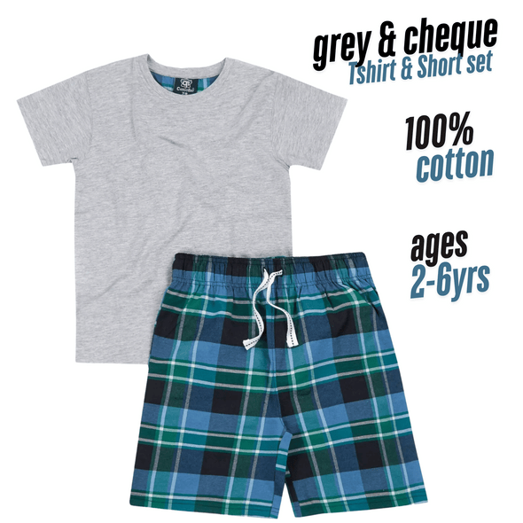 "Kids Grey & Check T-Shirt & Shorts Set – A stylish and comfortable set made from 100% cotton, perfect for warm weather. Featuring a grey T-shirt paired with checkered shorts, this set is ideal for children aged 2-6 years. Soft, breathable, and perfect for everyday wear or casual outings. #KidsClothing #CottonTShirt #KidsFashion #SummerOutfit #DTFX"