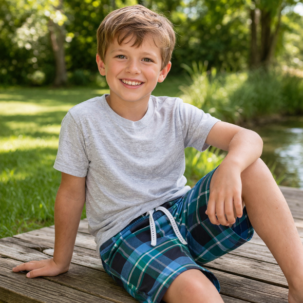 Kids grey & Cheque T-Shirt & Shorts Set – 100% Cotton (Ages 2-6 Years)